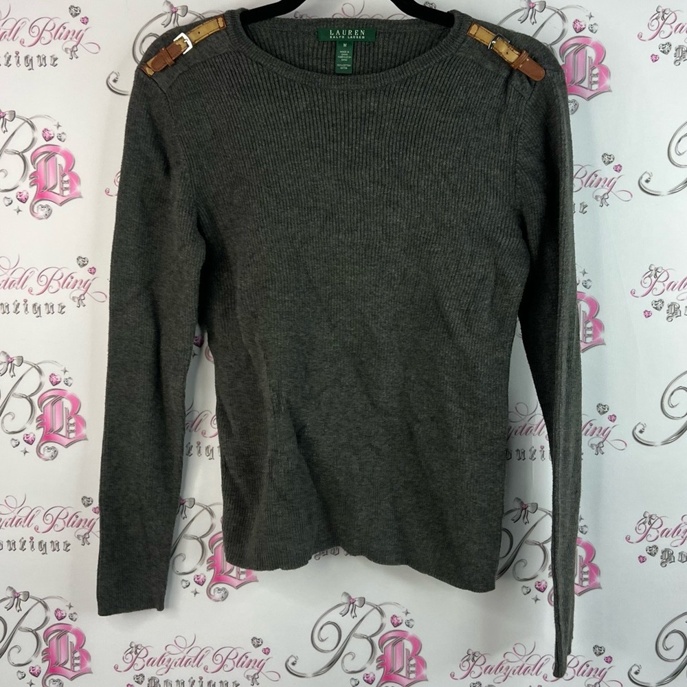 Ralph Lauren long sleeve Charcoal Gray ribbed Sweatshirt buckle Brown Accents